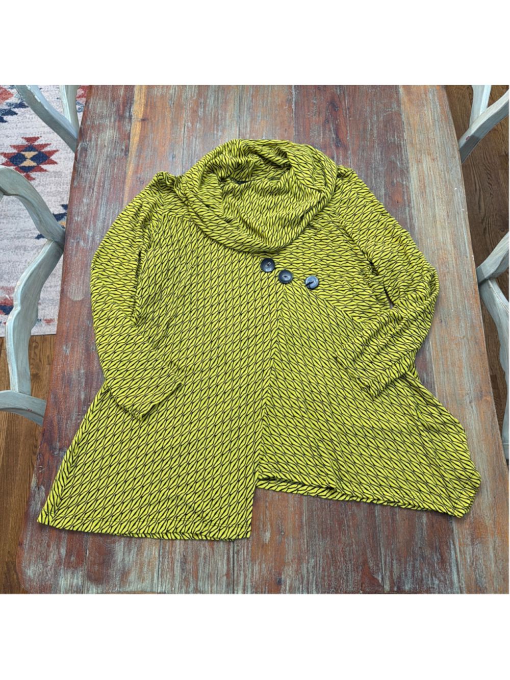 Ali Miles 2X Chartreuse Cowl Neck Asymmetric Tunic Top Button Accent Geometric